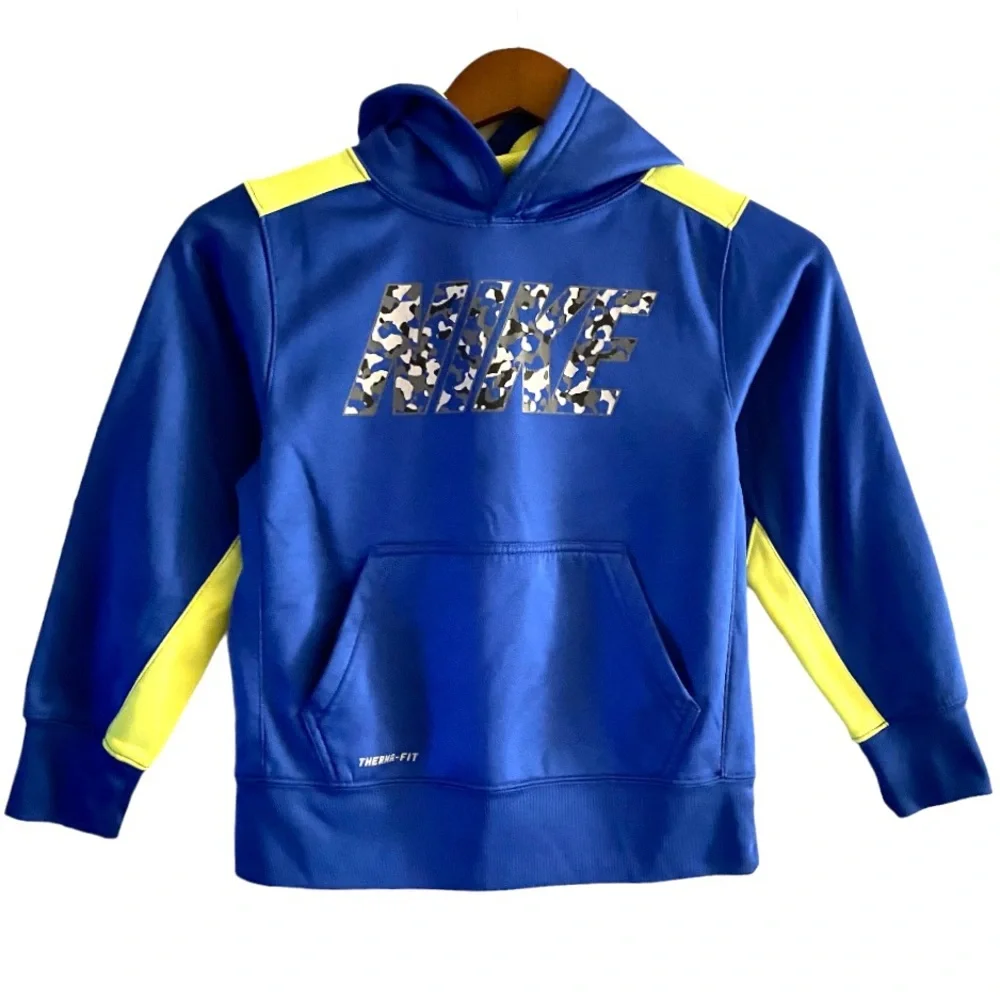 Nike Camo Graphic SpellOut Therma-Fit Blue Pullover Hoodie Athletic Sweatshirt S